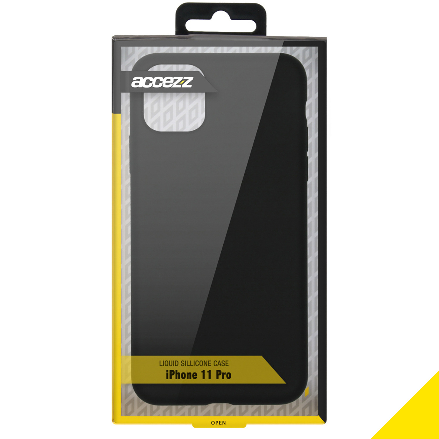 Coque en silicone liquide noire pour iPhone 11 Pro dans une boîte jaune et noire.