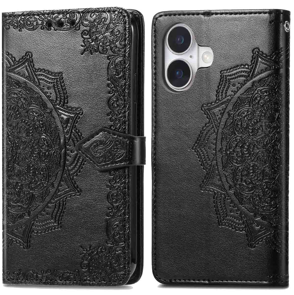 Coque de téléphone en cuir noir avec motif orné. Ouverte, révélant le téléphone.
