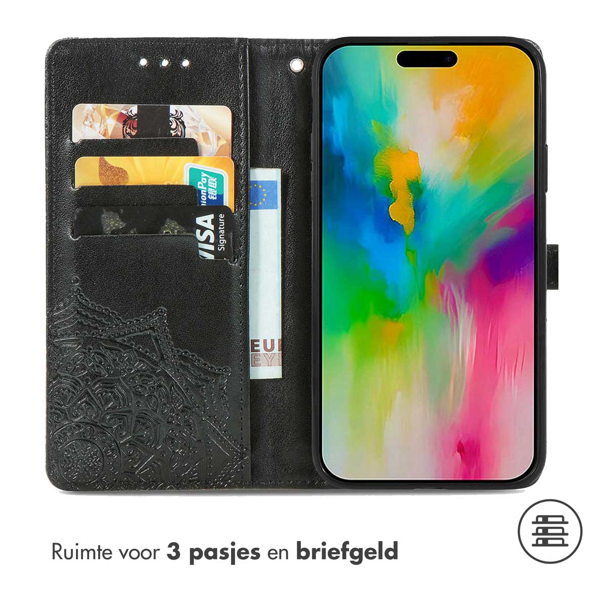 Étui portefeuille noir pour téléphone avec trois fentes pour cartes et compartiment à billets.