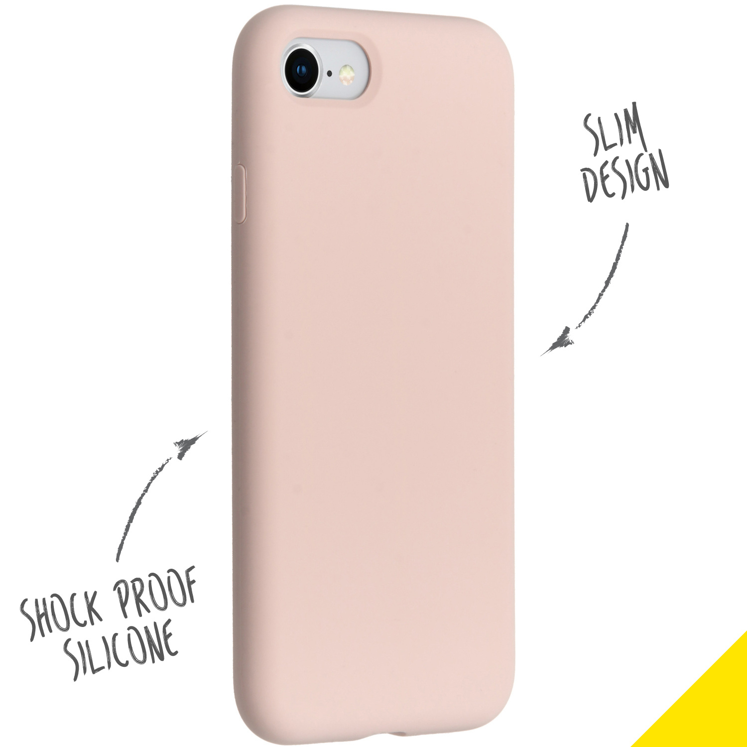 Een roze telefoonhoesje met pijlen 'SHOCK PROOF SILICONE' en 'SLIM DESIGN'.