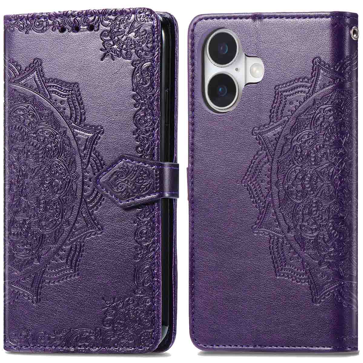 Une coque de téléphone violette avec un motif de mandala. L'étui est ouvert, révélant un téléphone.