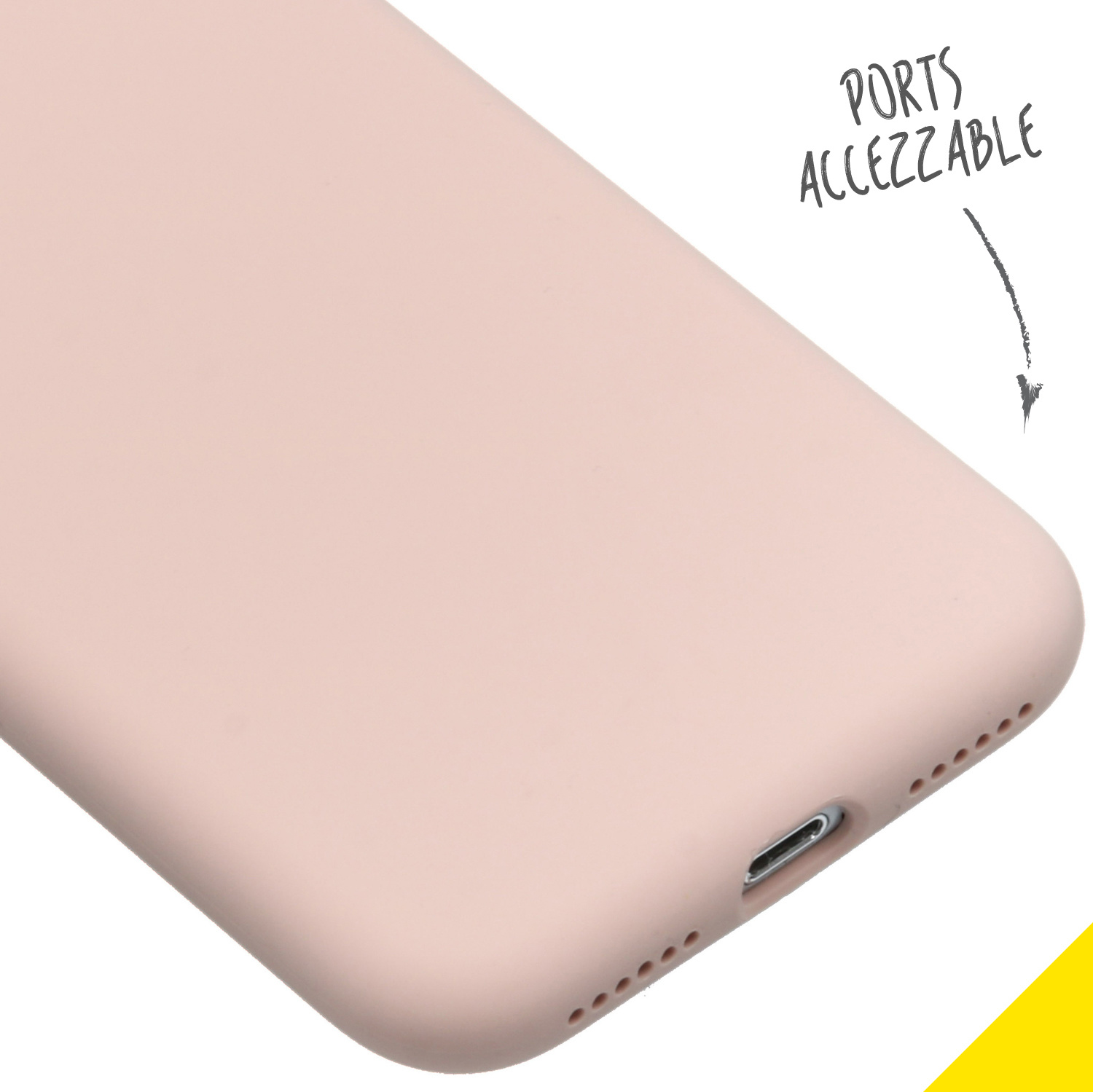 Close-up van een roze telefoonhoesje met de oplaadpoort en de tekst 'poorten toegankelijk'.