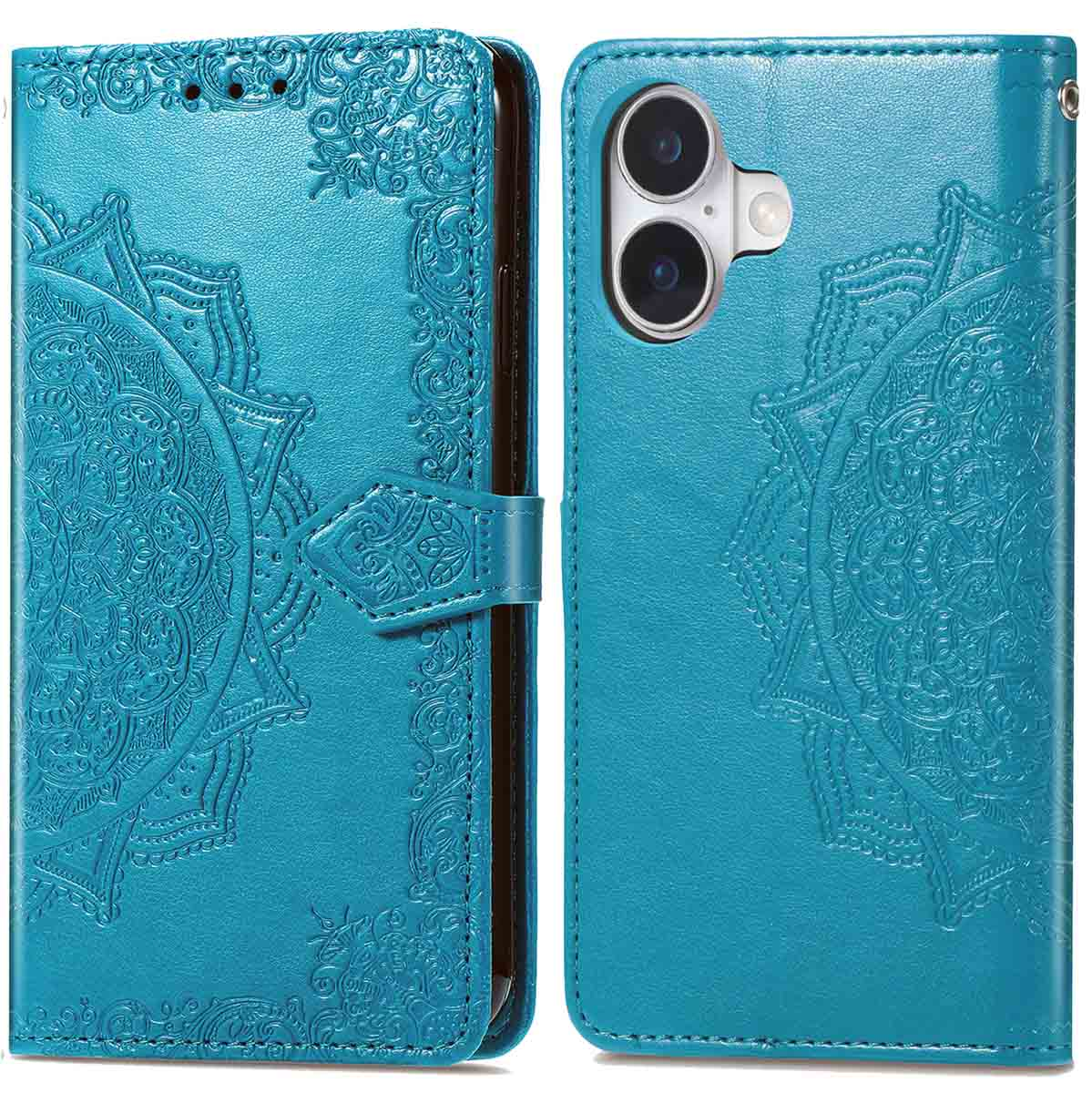 Un étui portefeuille turquoise pour téléphone ouvert. Le téléphone est à droite. L'étui a un motif floral en relief.