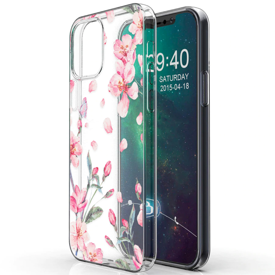 Custodia trasparente con fiori rosa e un telefono che mostra un orologio.