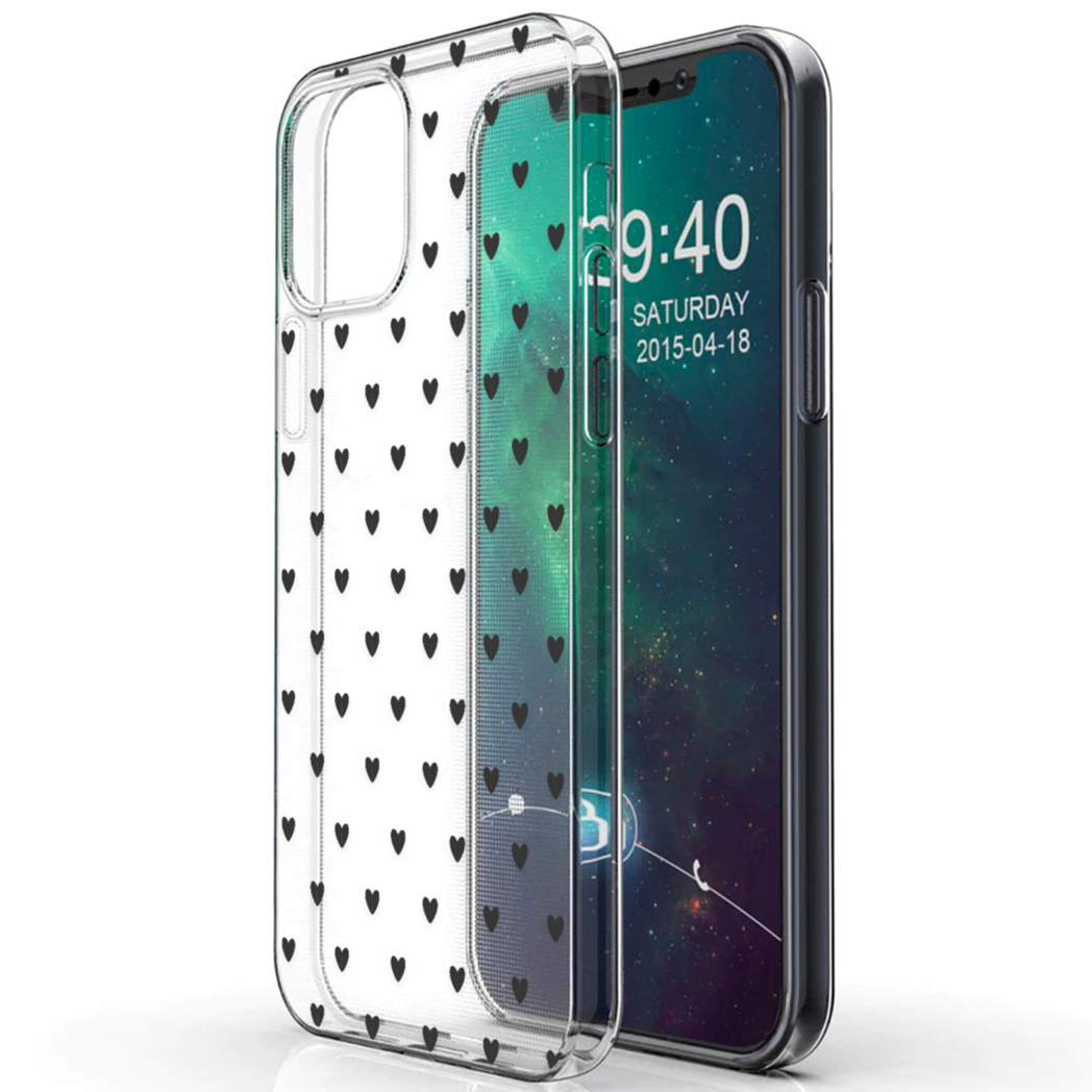 Telefono in una custodia trasparente con motivi a cuore neri. L'ora e la data sono visibili.