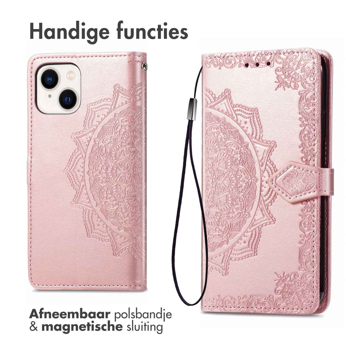 Pink phone case with mandala design, detachable strap and magnetic closure.