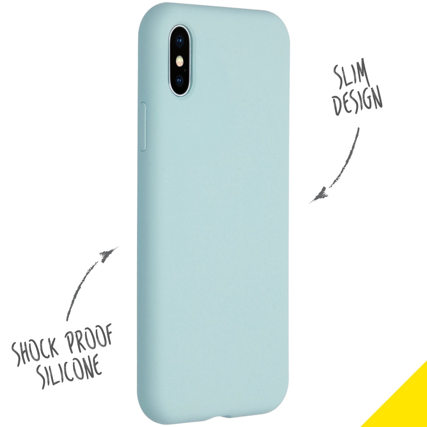 Hellblaue Handyhülle, mit Text, der schlankes Design und stoßfestes Silikon anzeigt.