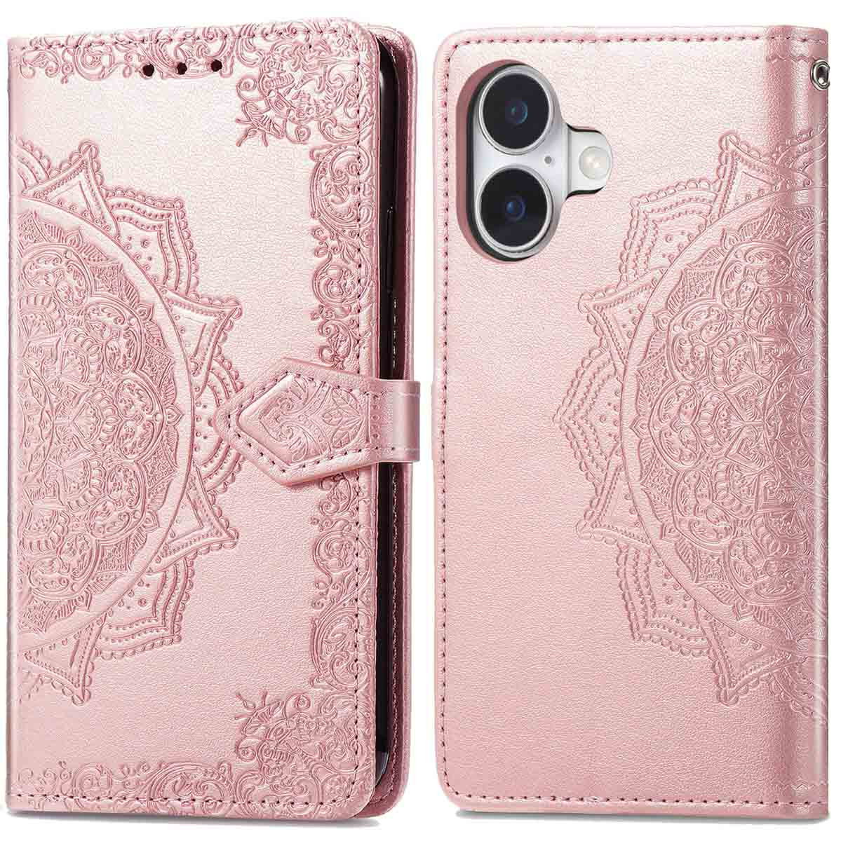 Étui de téléphone rose avec motif floral en relief et fermoir. L'arrière a des découpes pour l'appareil photo.