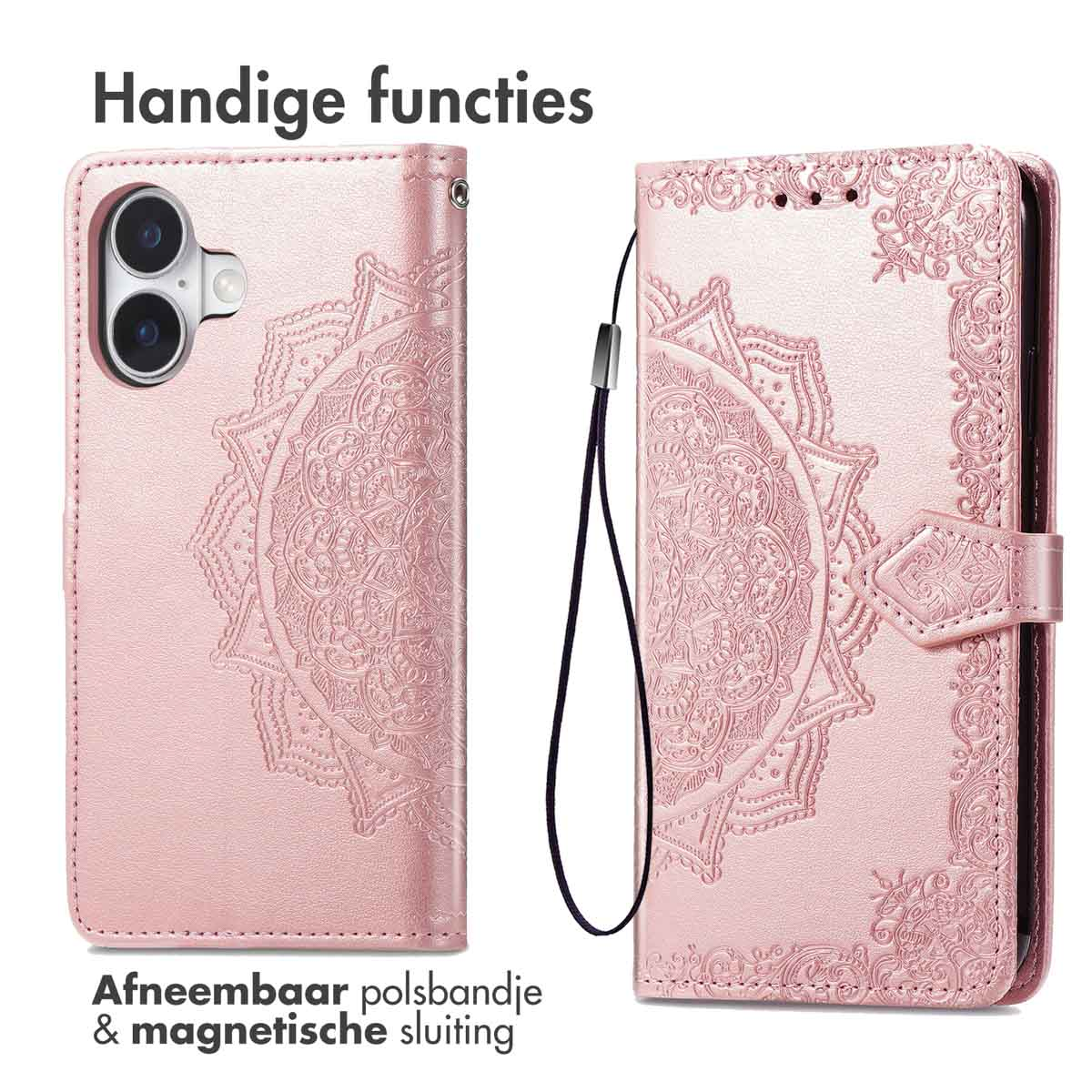 Étui de téléphone rose avec un motif mandala. Il a une dragonne et une fermeture magnétique. Texte: 'Handige functies'.