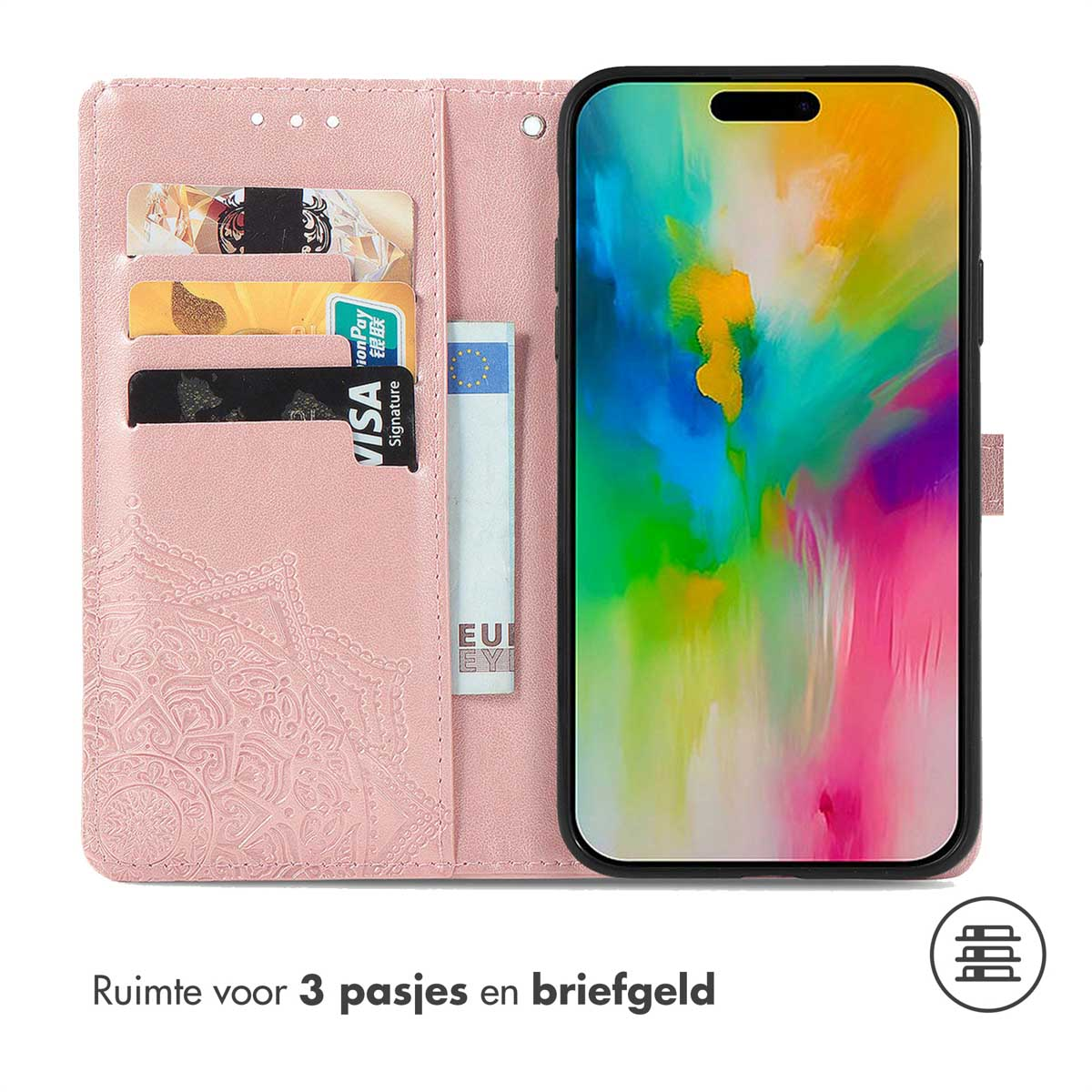 Étui portefeuille rose avec un téléphone et 3 cartes.