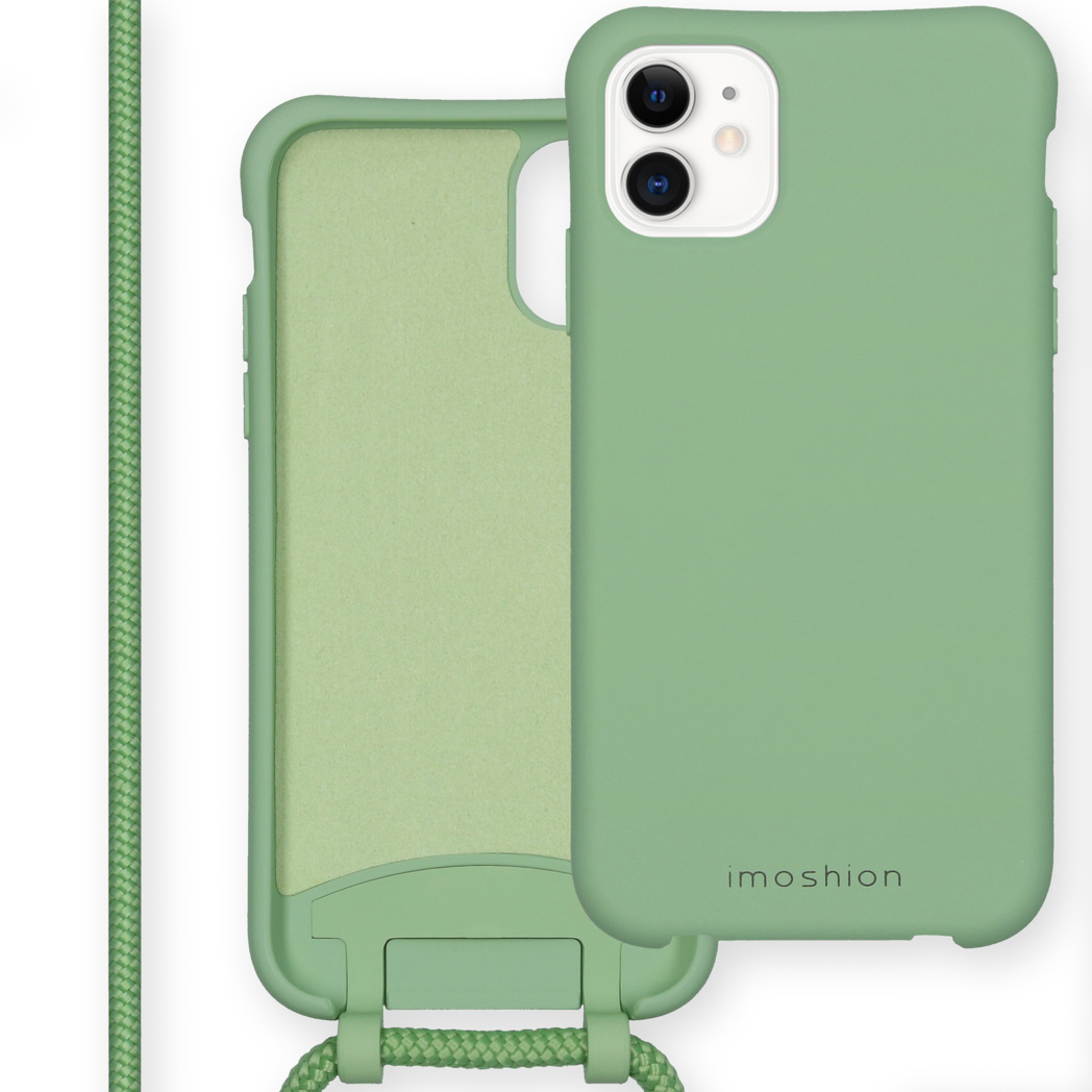 Een groene telefoonhoes met een groene band en een telefoon erin. Op het hoesje staat imoshion.