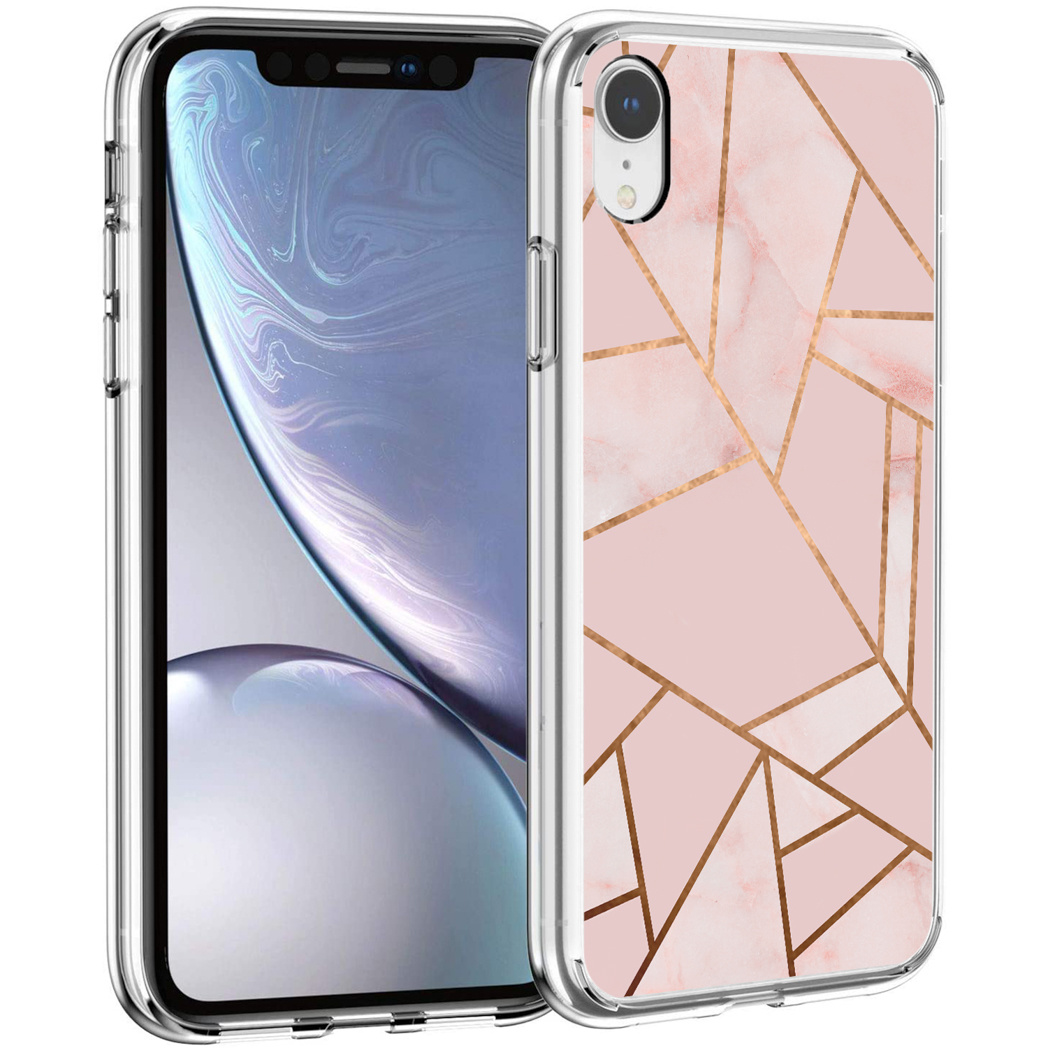 Coque de téléphone rose avec design géométrique doré. Bord transparent, téléphone à l'intérieur.