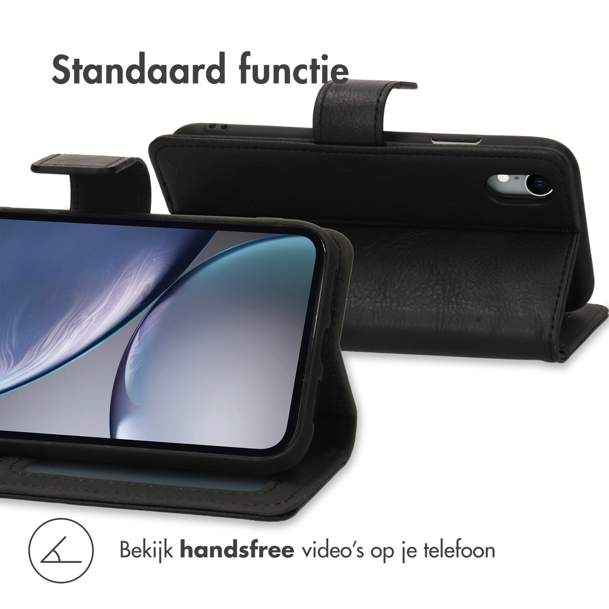 Zwarte telefoonhoes met telefoon erin. De hoes is open. De tekst zegt 'standaard functie'.