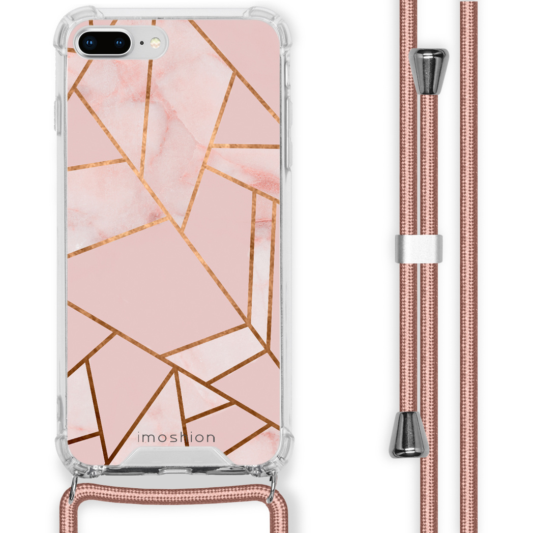 Coque de téléphone avec motif géométrique rose et lanière.
