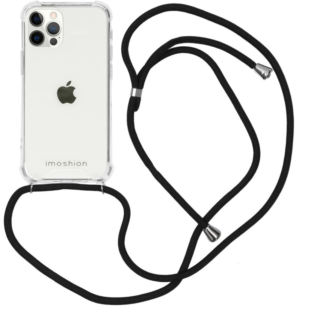 Een doorzichtige telefoonhoes met een zwarte riem eraan, met het Apple-logo.
