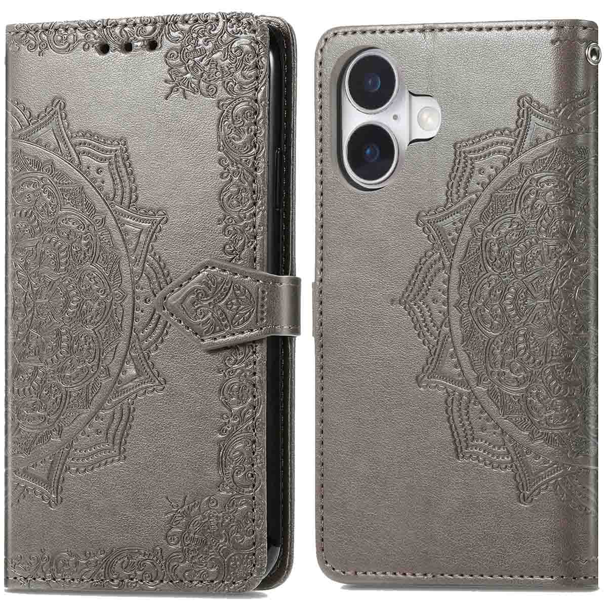 Un étui de téléphone gris avec un motif de mandala, ouvert pour montrer le téléphone.