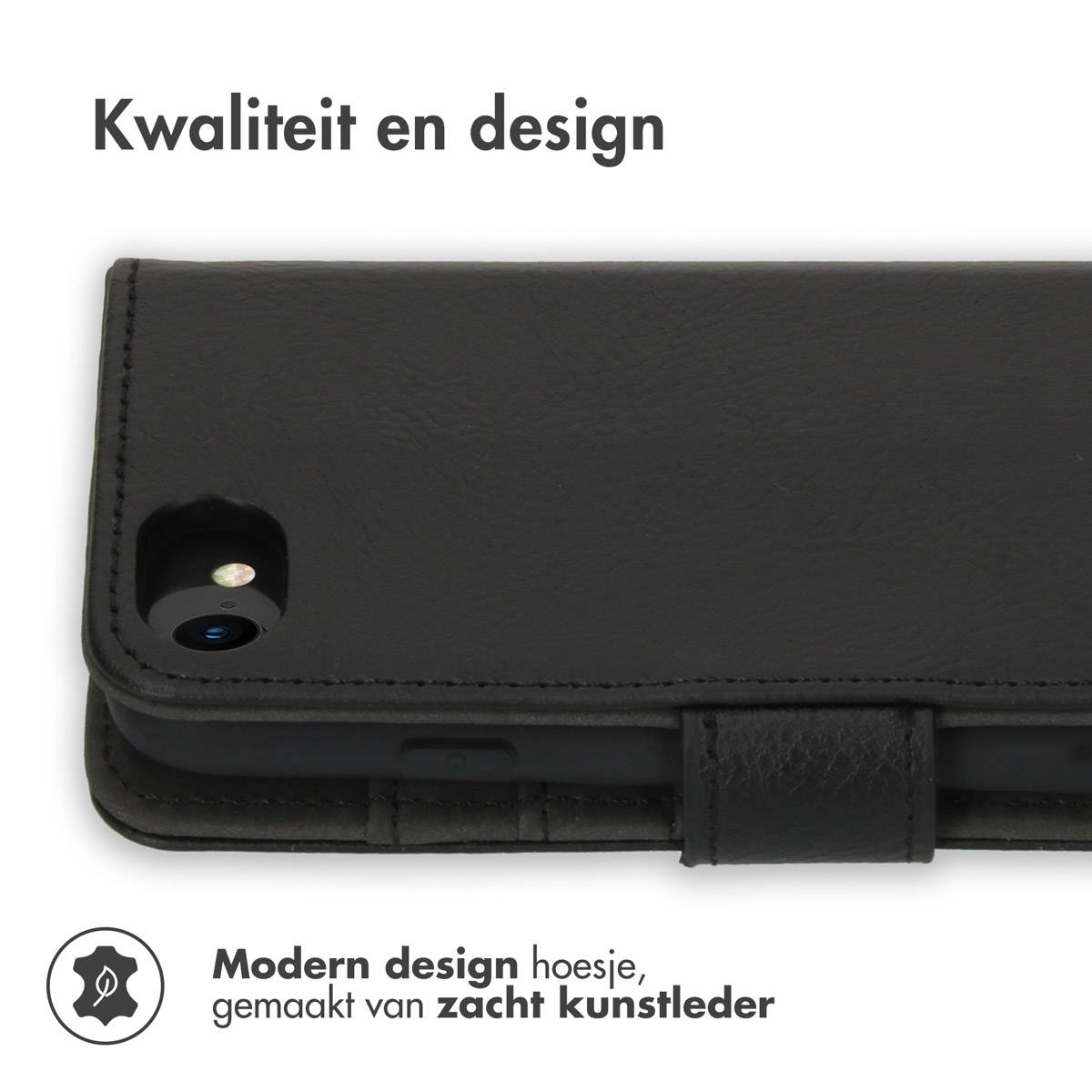 Étui de téléphone en cuir noir ouvert sur une surface blanche. Texte : Étui au design moderne, en cuir artificiel souple.