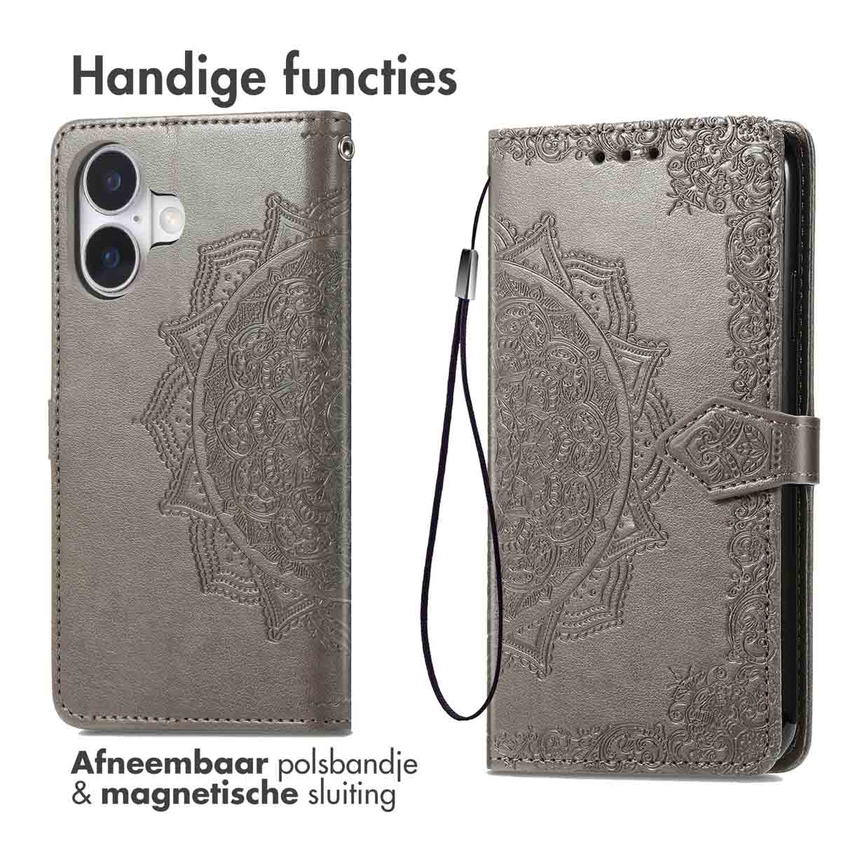 Étui de téléphone gris ouvert, avec un motif de mandala. Texte : fonctions pratiques, dragonne amovible, fermeture magnétique.