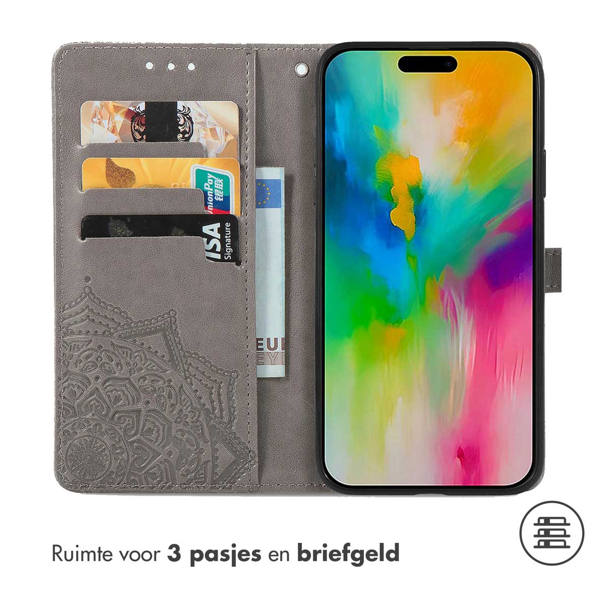 Un étui de téléphone avec des emplacements pour cartes et de l'argent. L'écran du téléphone affiche un écran coloré.