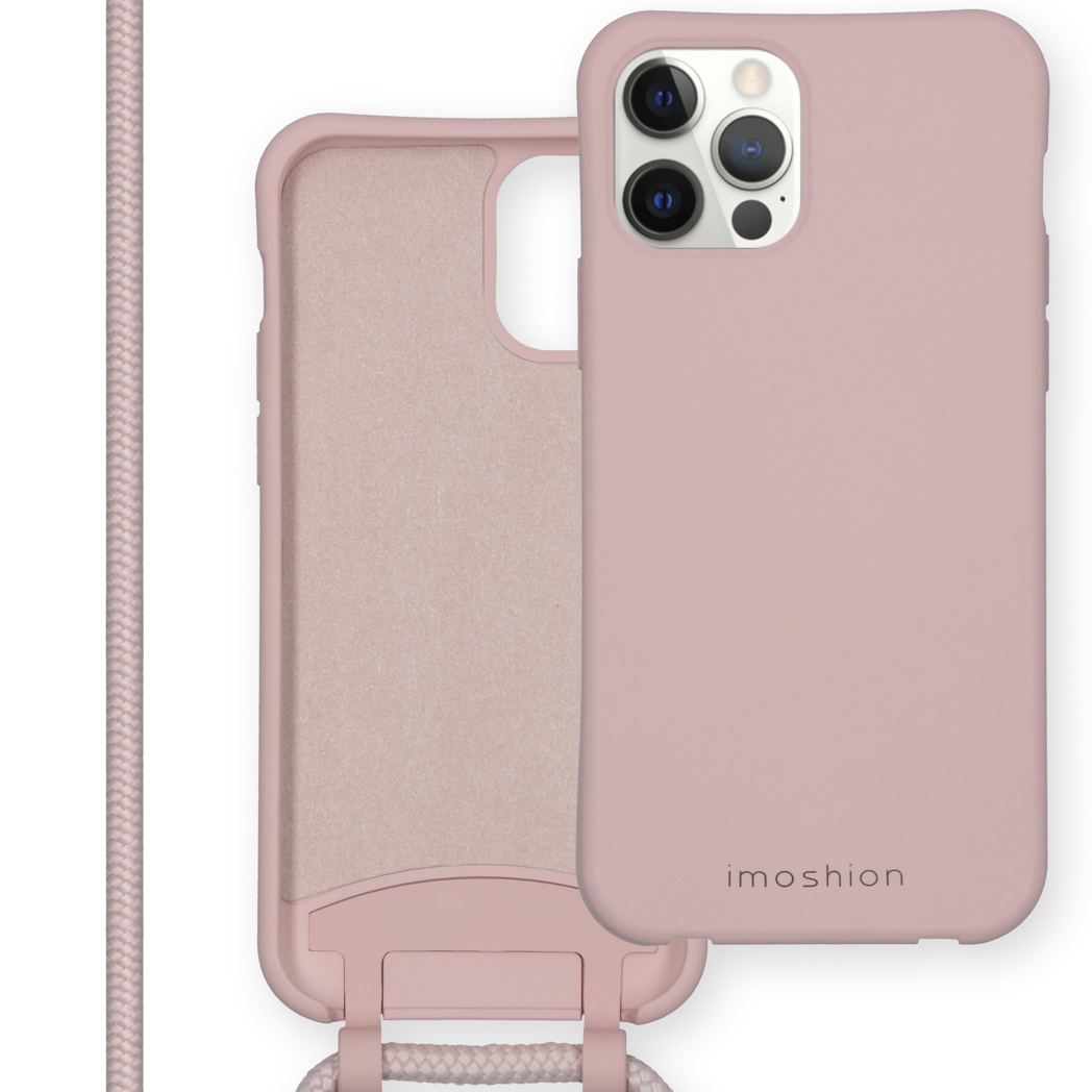 Een roze telefoonhoesje met een bijpassend koord en een iPhone erin; logo op de hoes.
