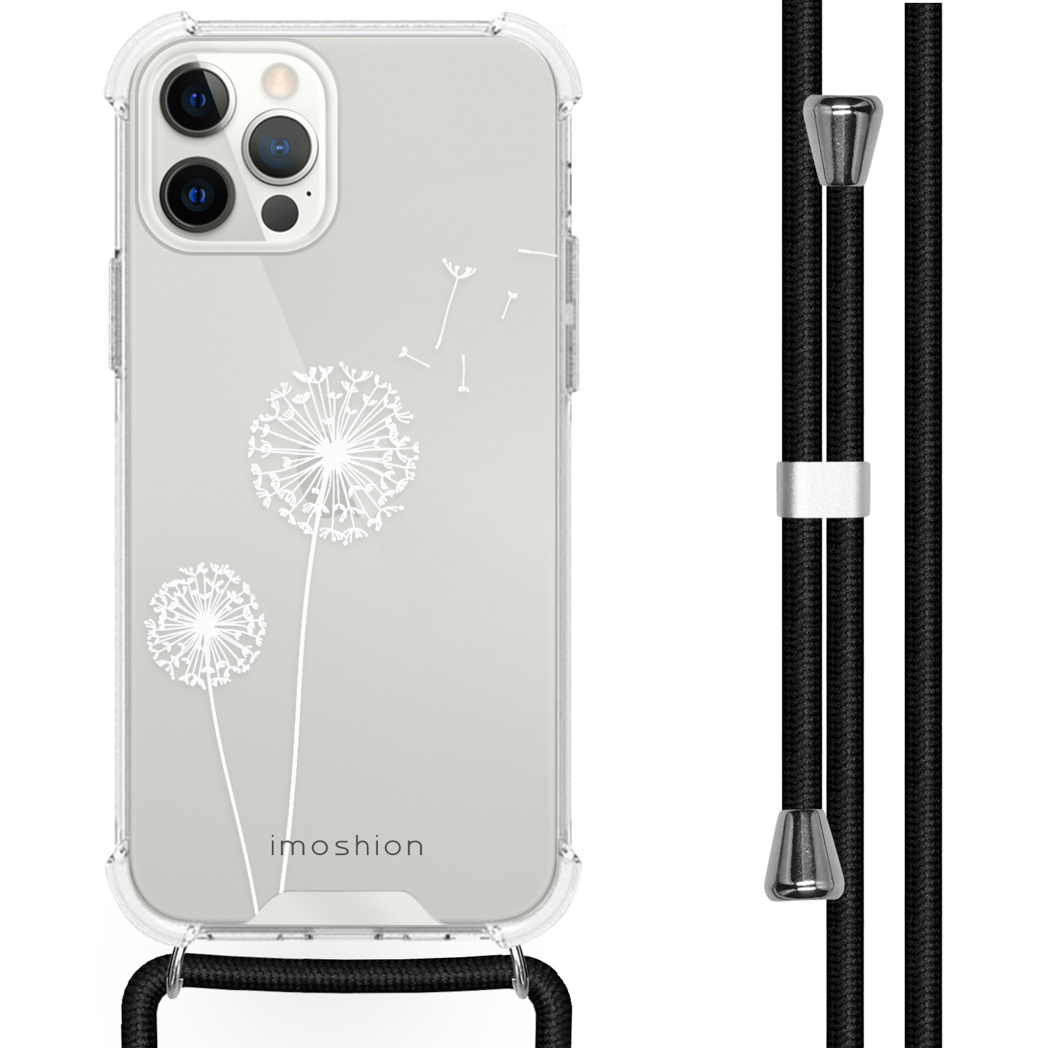Transparant iPhone hoesje met paardenbloem ontwerp. Zwarte lanyard is bevestigd.