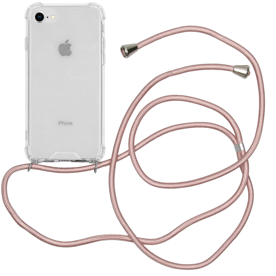 Coque transparente avec un cordon rose attaché, montrant le dos du téléphone.