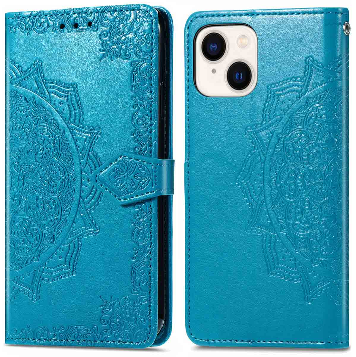 Blue phone case with a floral design, with a smartphone inside and a buckle.