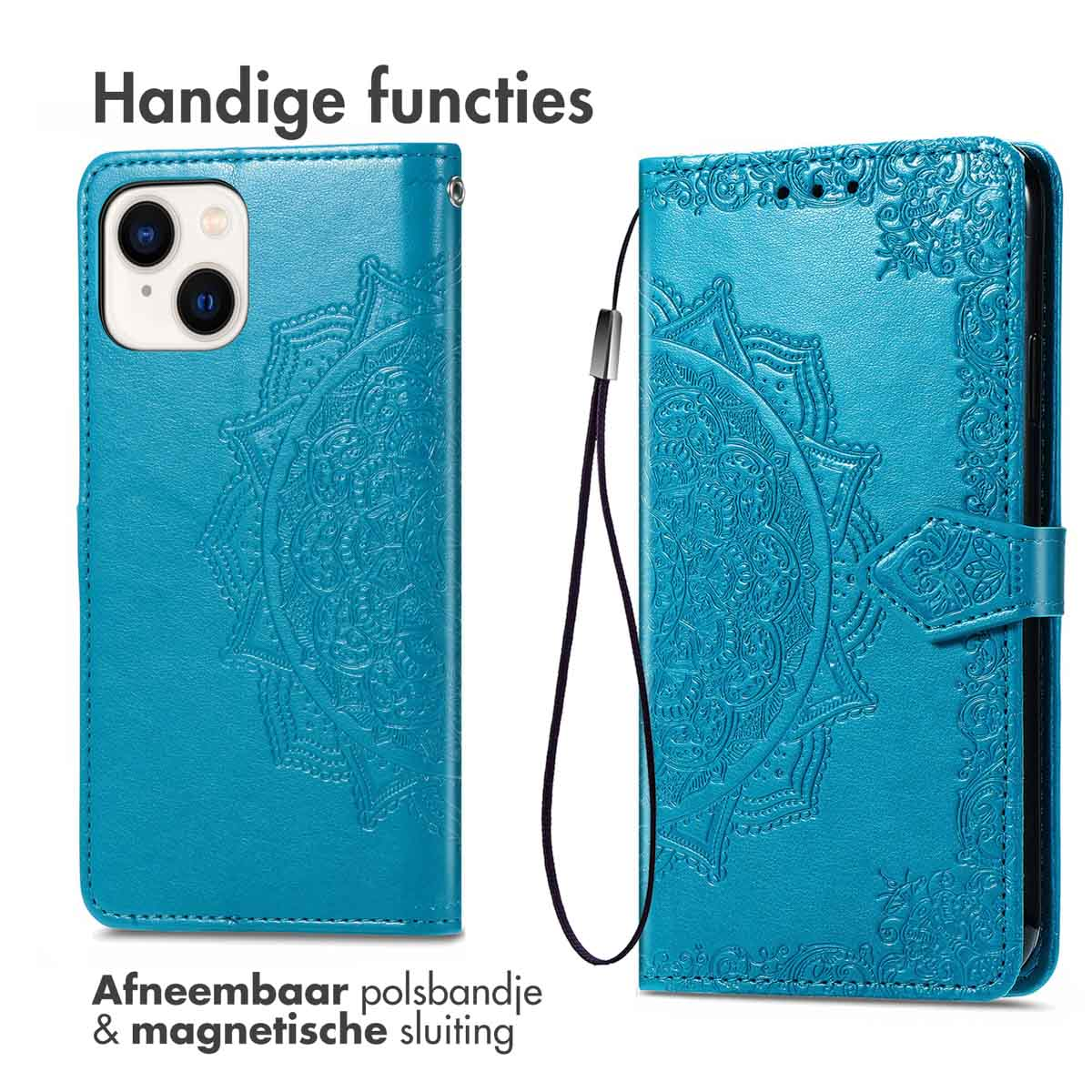 Blue phone case with embossed floral design, detachable wrist strap and magnetic closure.