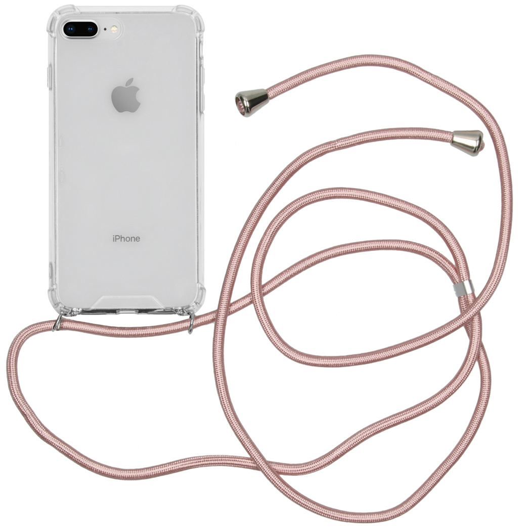 Transparante telefoonhoes met roze band, met een telefoon, witte achtergrond.