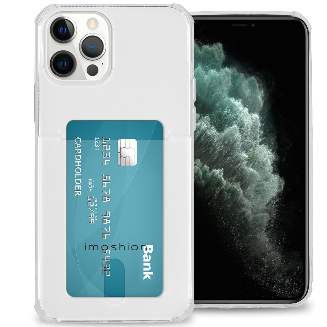 Custodia bianca per telefono con carta di credito nello slot e il telefono.