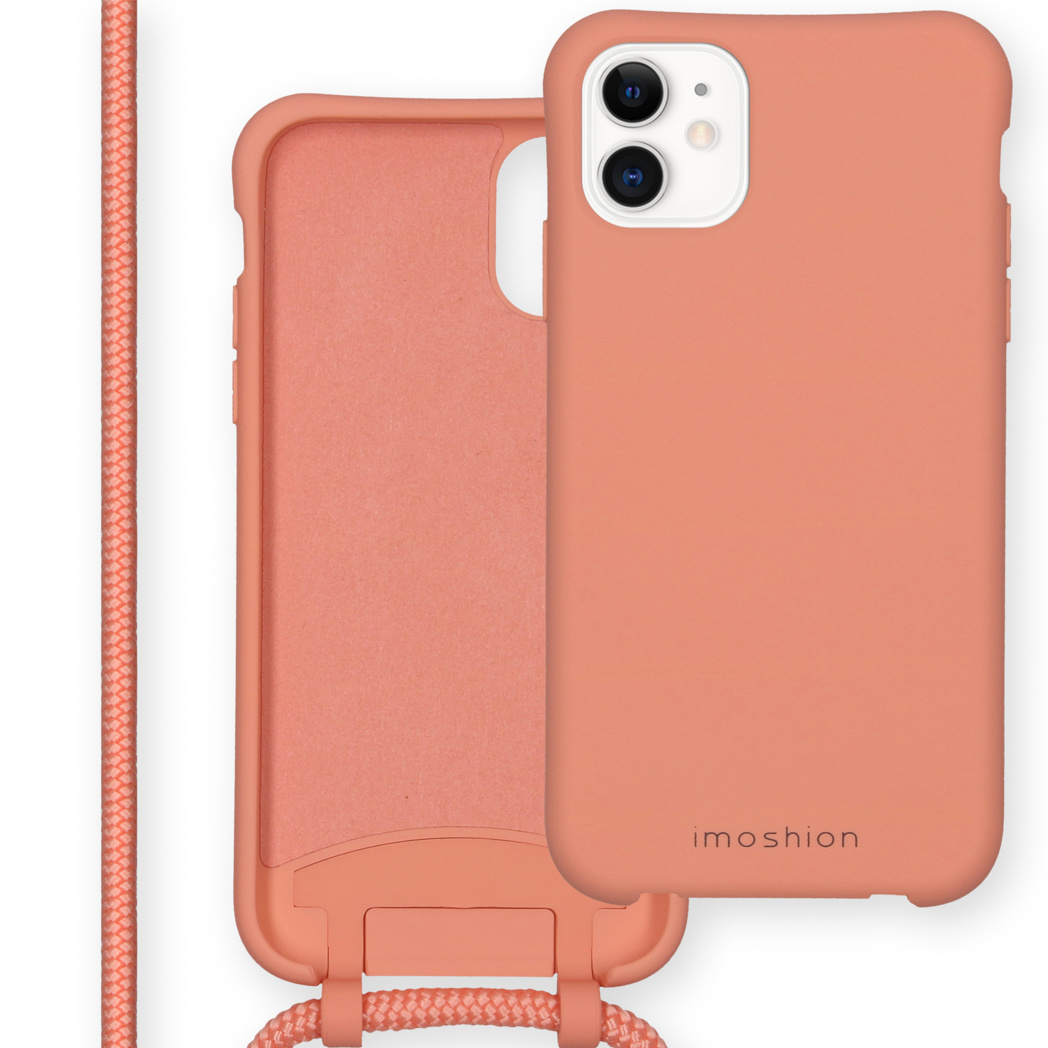 Koraalroze telefoonhoes en de binnenkant, met bijpassende riem. Het merk 'imoshion' is zichtbaar.