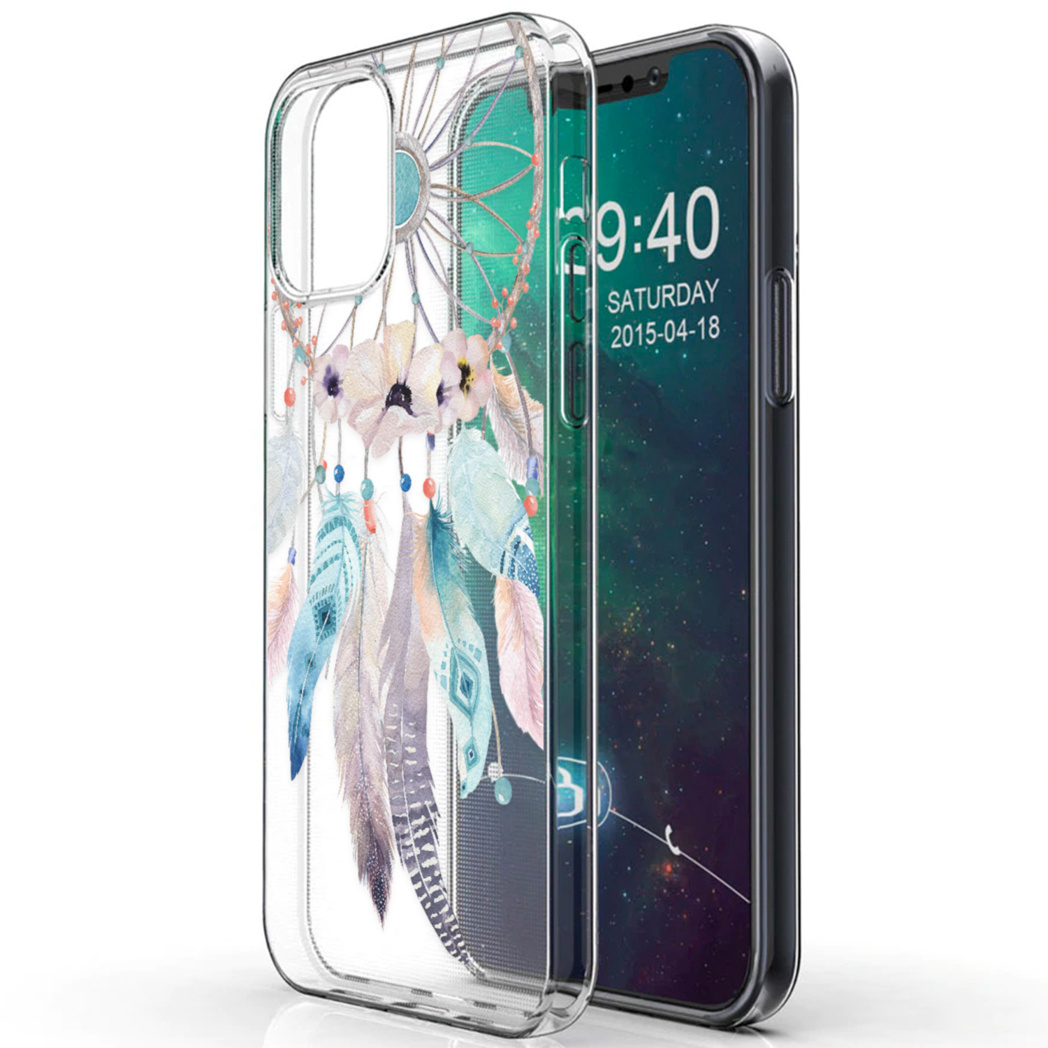 Custodia trasparente per telefono con un design acchiappasogni. Copre un telefono.