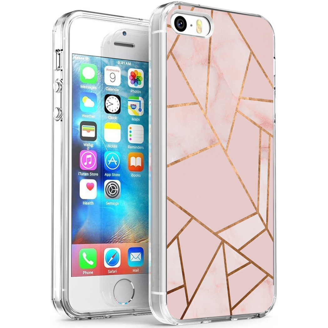 Custodia per telefono con design geometrico rosa e oro, telefono inserito. Lo sfondo è bianco.