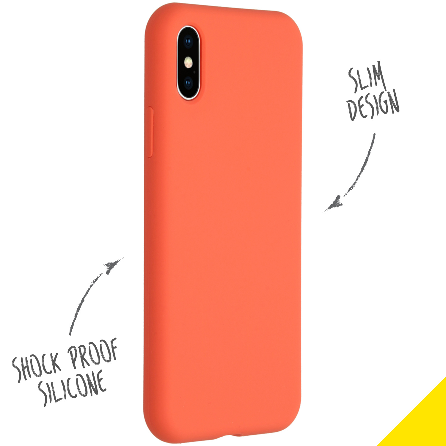 Eine orangefarbene Handyhülle mit dem Text 'SLIM DESIGN' und 'SHOCK PROOF SILICONE'.