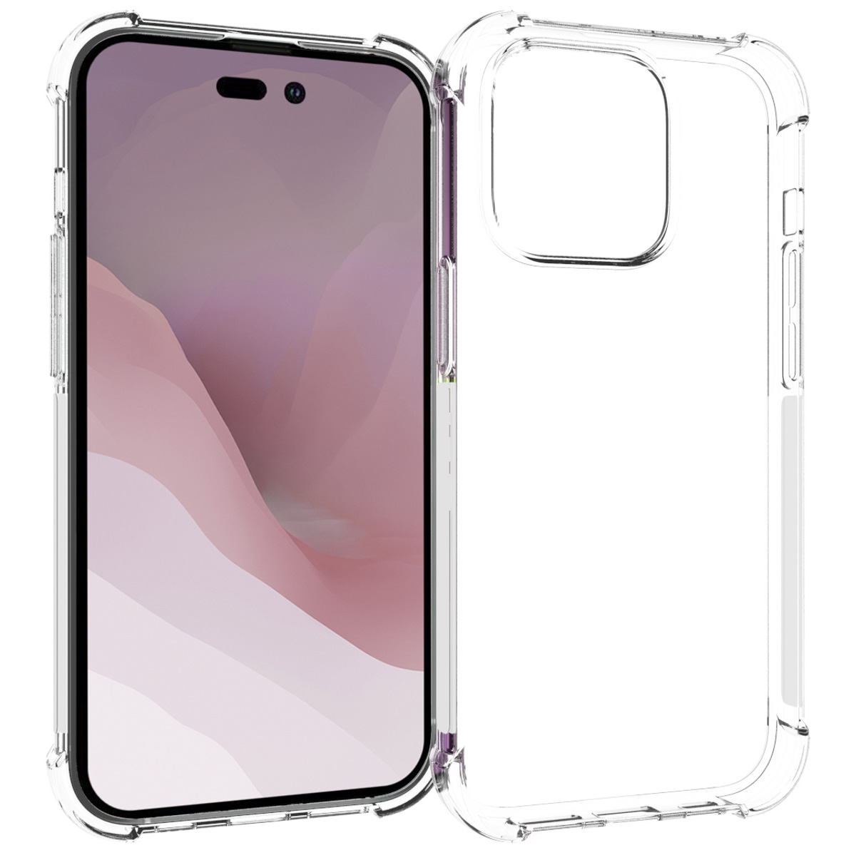 Transparante telefoonhoes met een telefoon op een witte achtergrond. De telefoon heeft een roze scherm.