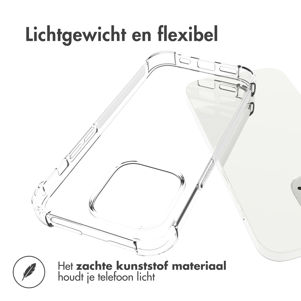 Transparante telefoonhoes met tekst. Een telefoon is gedeeltelijk zichtbaar. De hoes is transparant.