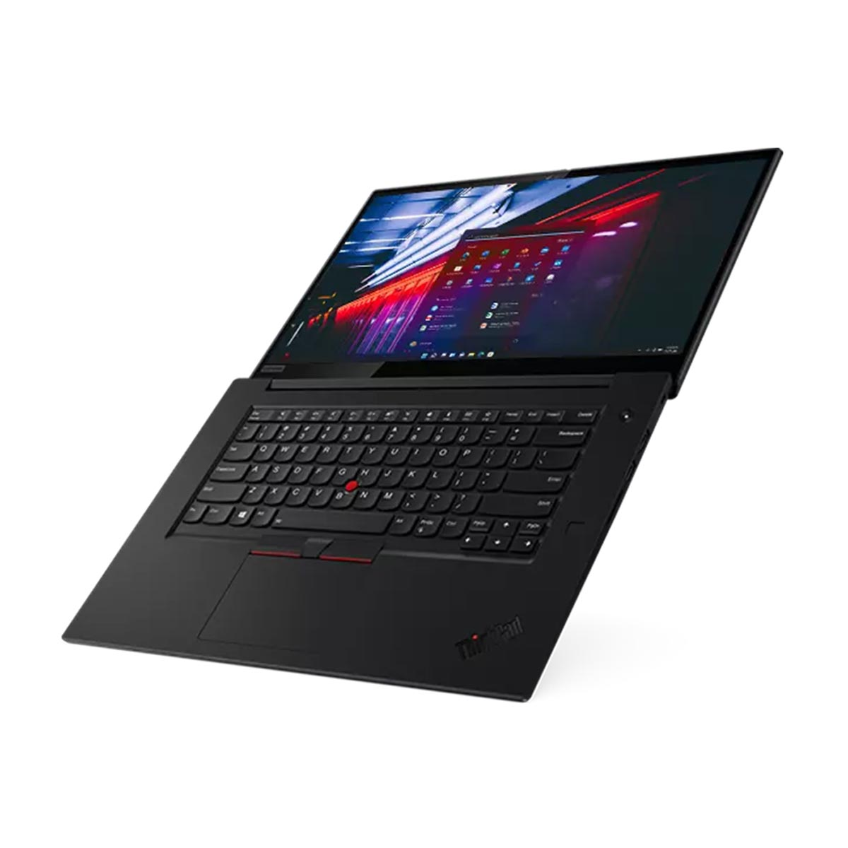 Schwarzer Laptop mit offenem Bildschirm auf weißem Hintergrund. Der Bildschirm zeigt eine bunte Oberfläche.