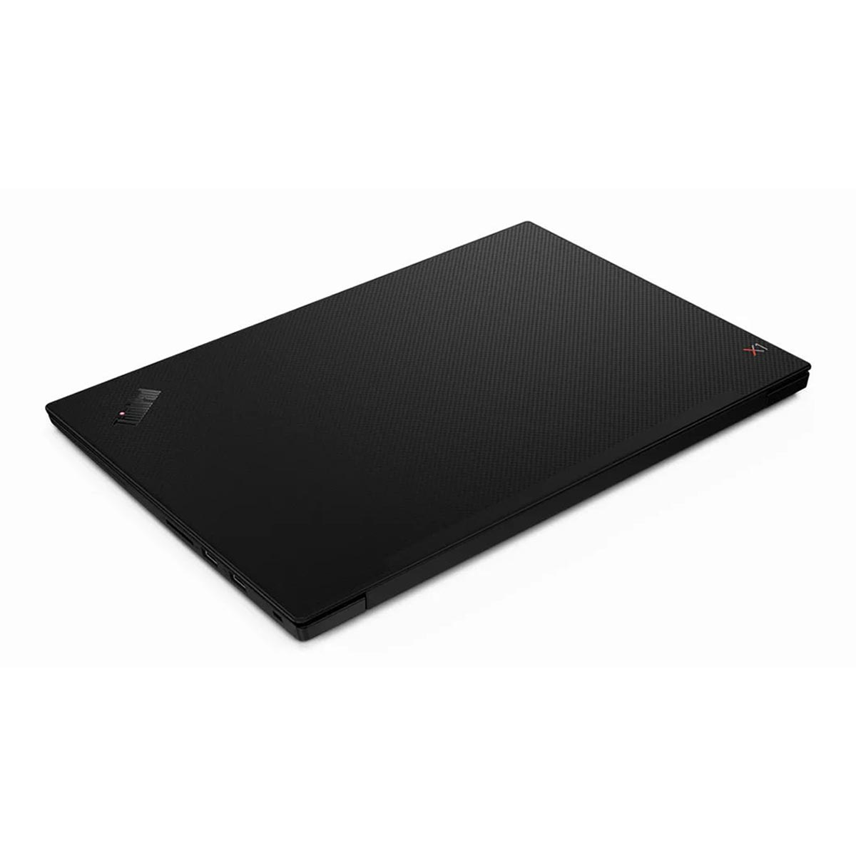 Ein geschlossener schwarzer Laptop auf weißem Hintergrund. Er hat eine strukturierte Oberfläche und ein Logo.