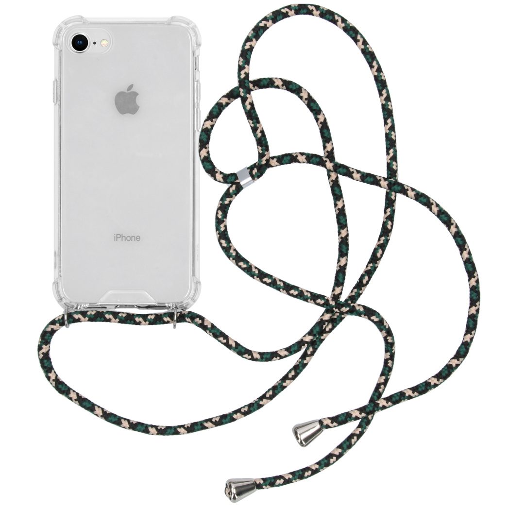 Un étui de téléphone transparent avec un cordon à motifs noir et vert. L'étui est sur l'iPhone.