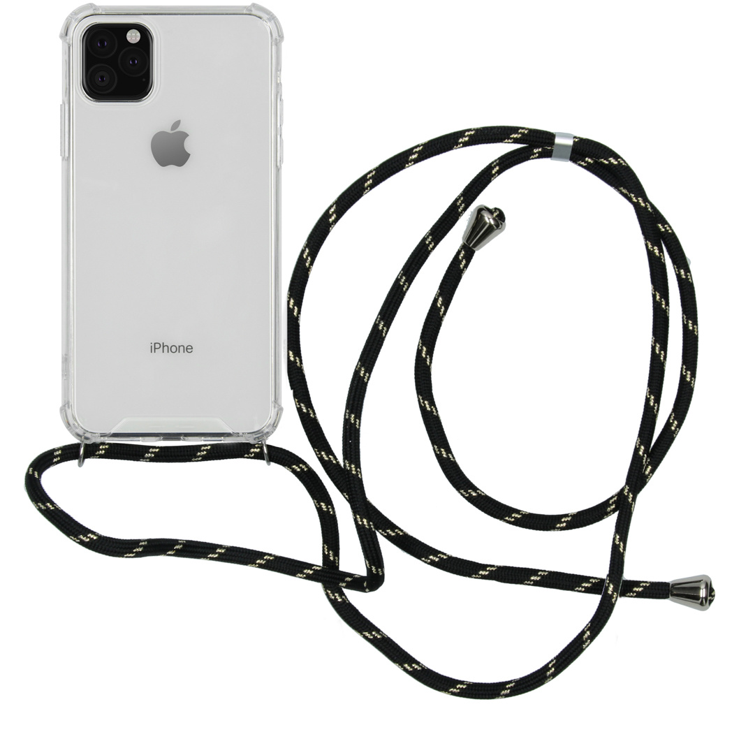 Een doorzichtige telefoonhoes met een zwarte en gouden band. Transparante rand.
