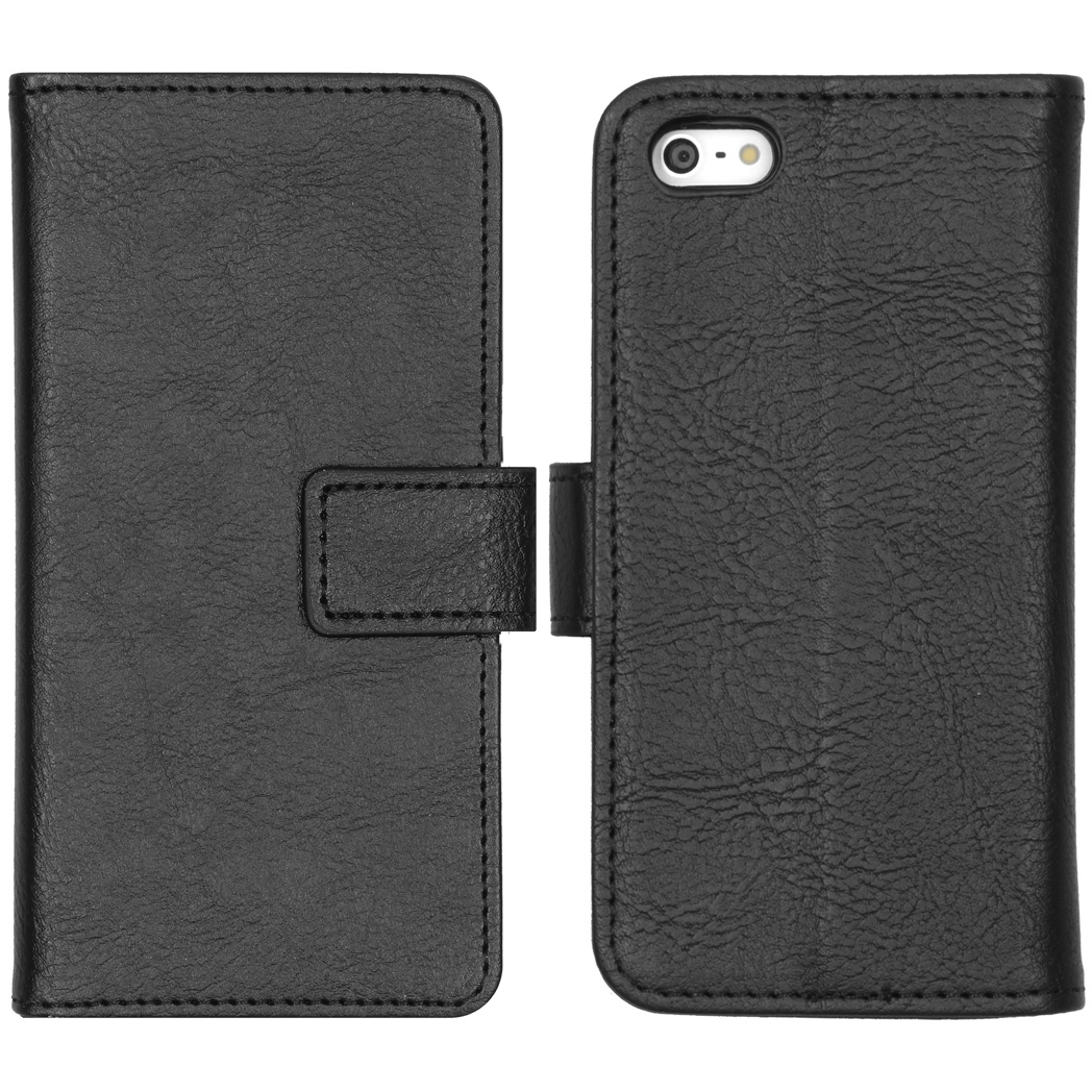 Coque de téléphone en cuir noir, ouverte et fermée. La coque fermée a une boucle.