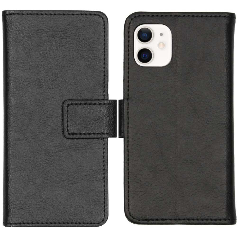 Étui de téléphone en cuir noir, ouvert. Téléphone à droite, avec fermeture à bouton.