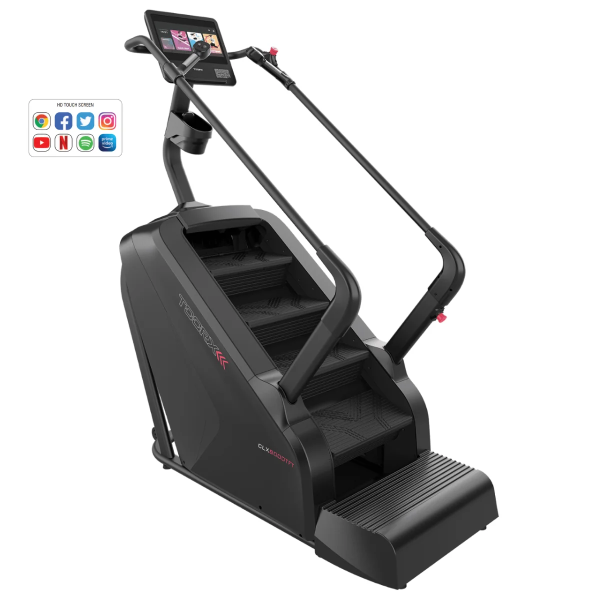 Black and gray step machine with a touch screen, labeled 'Tocrxx', and social media icons on the screen.