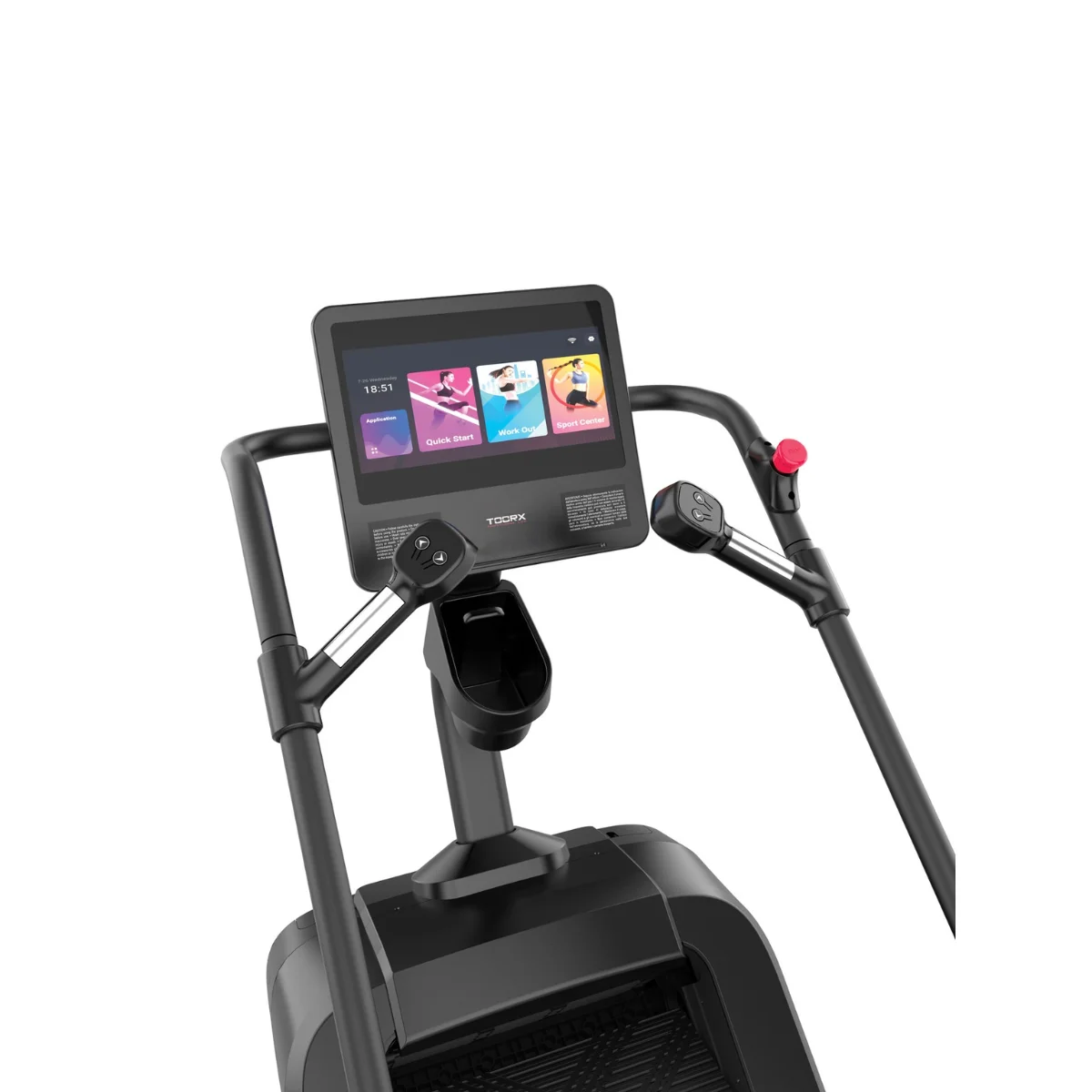Treadmill control panel with a screen displaying exercise options, on a black frame.