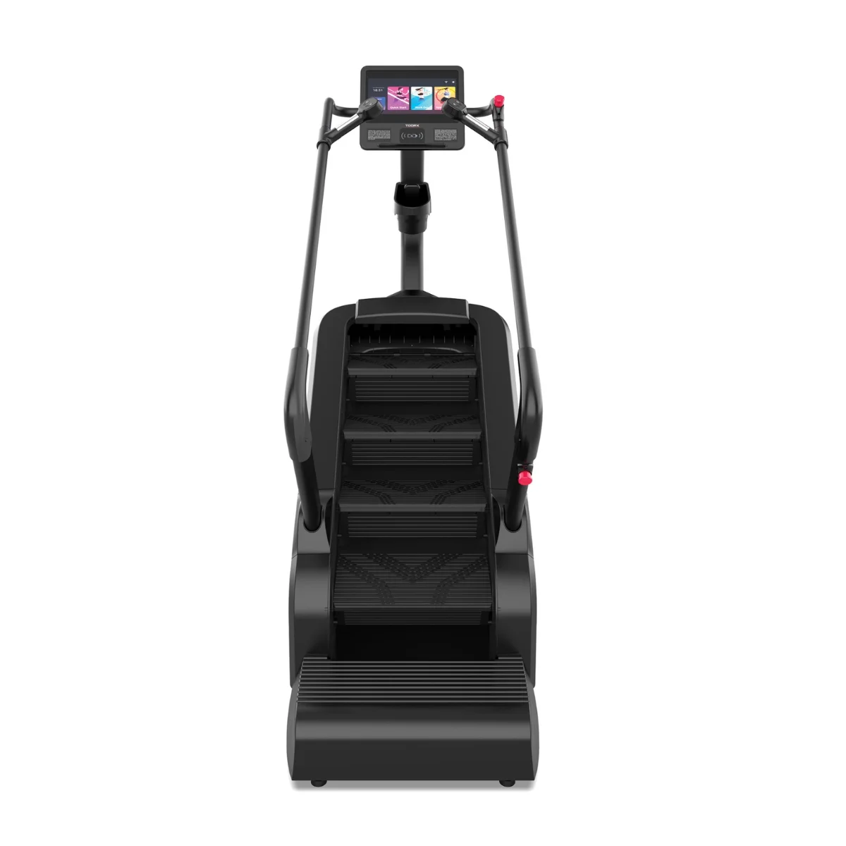 A black stair-stepping machine on a white background is shown from the front.