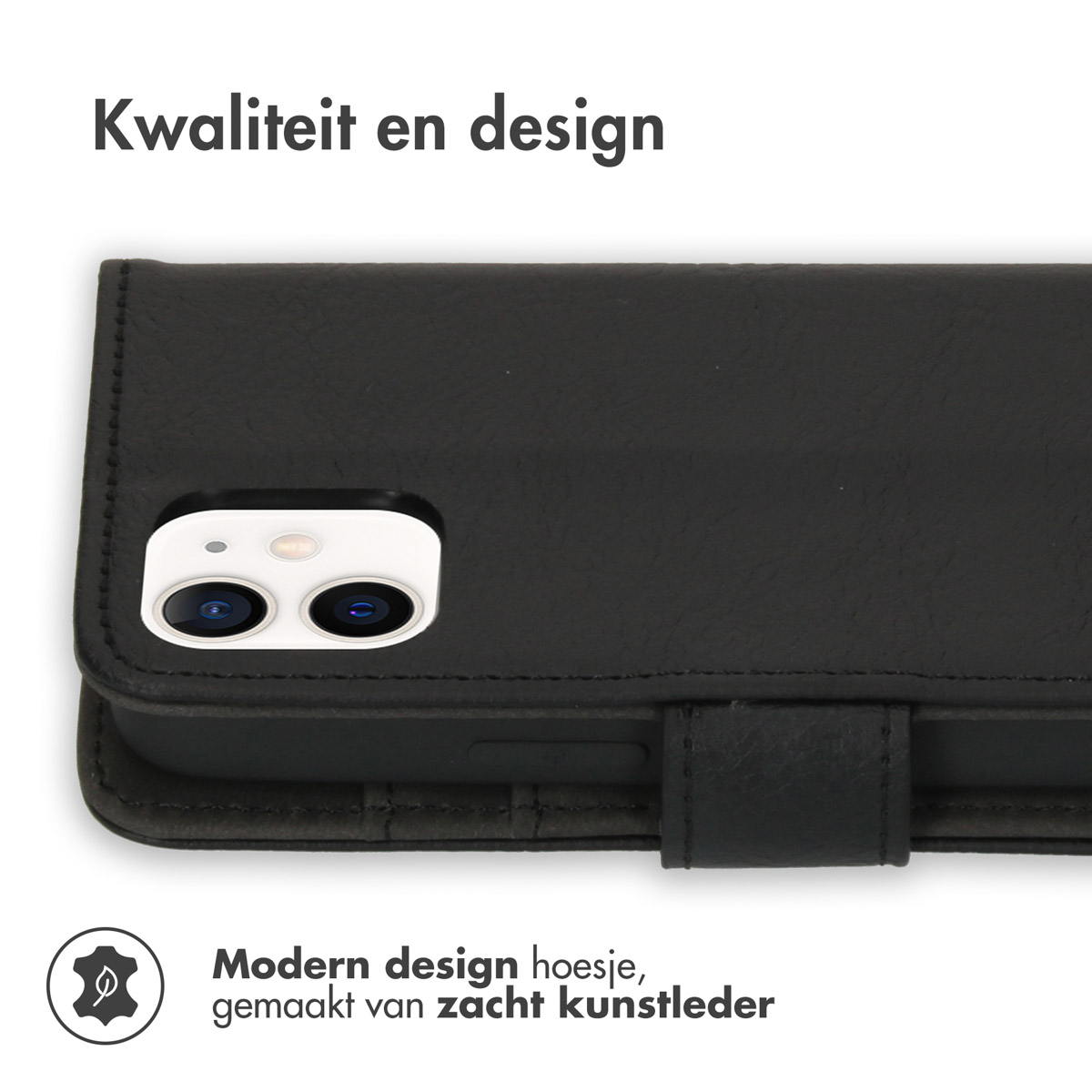 Étui de téléphone en cuir noir. Texte : 'Qualité et design' et 'Étui design moderne, en cuir artificiel souple'.