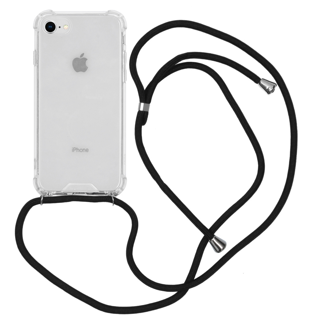 Coque de téléphone transparente avec corde noire. iPhone à l'intérieur. Corde noire attachée à la coque.