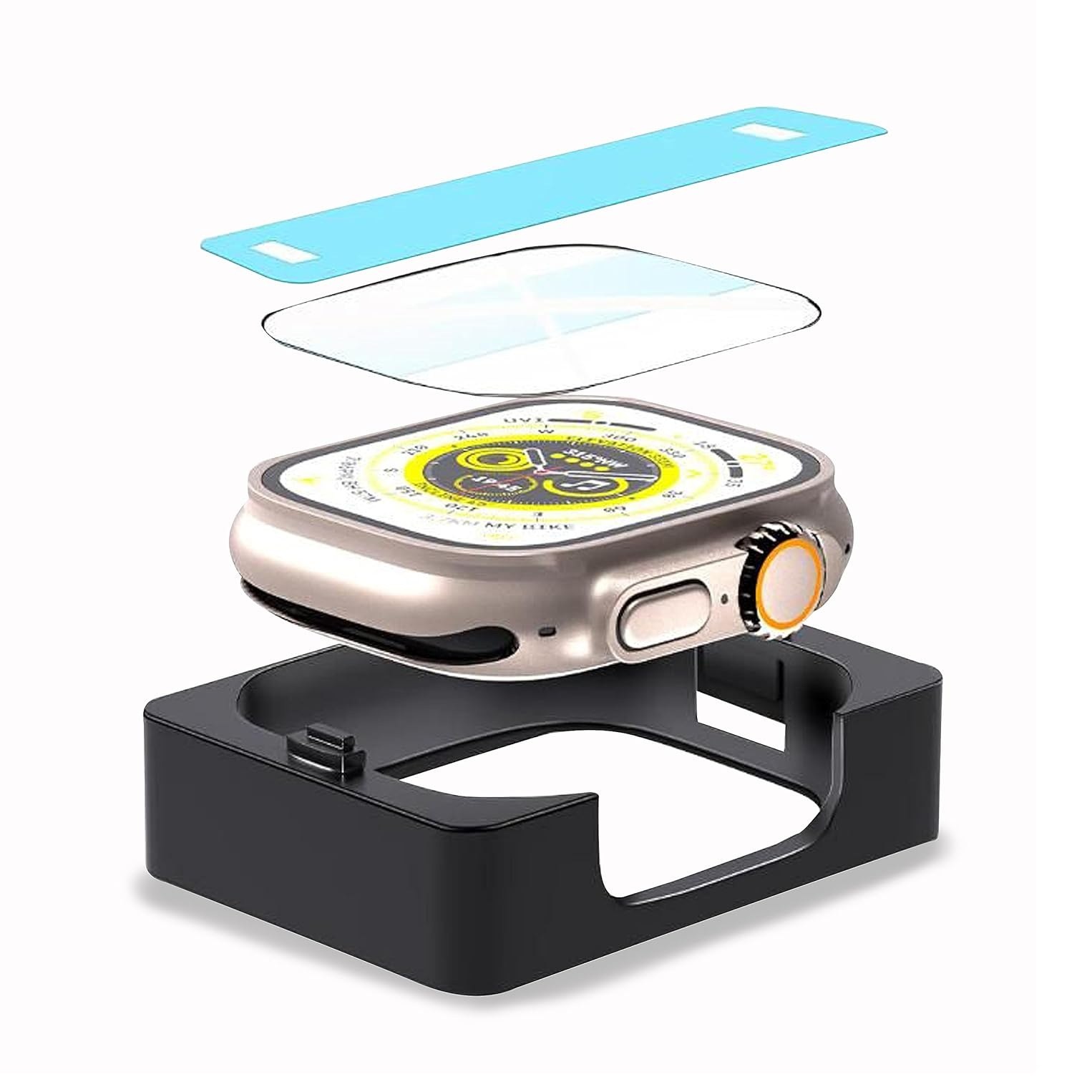 Eine Smartwatch mit Displayschutz und Gehäuse. Der Bildschirm zeigt eine farbenfrohe Oberfläche. Komponenten in Explosionsansicht.