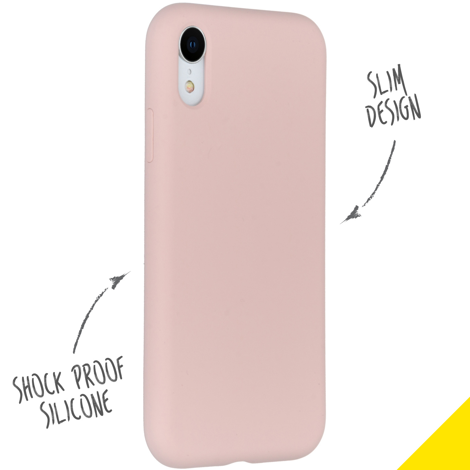 Coque de téléphone rose. Fond blanc avec texte.