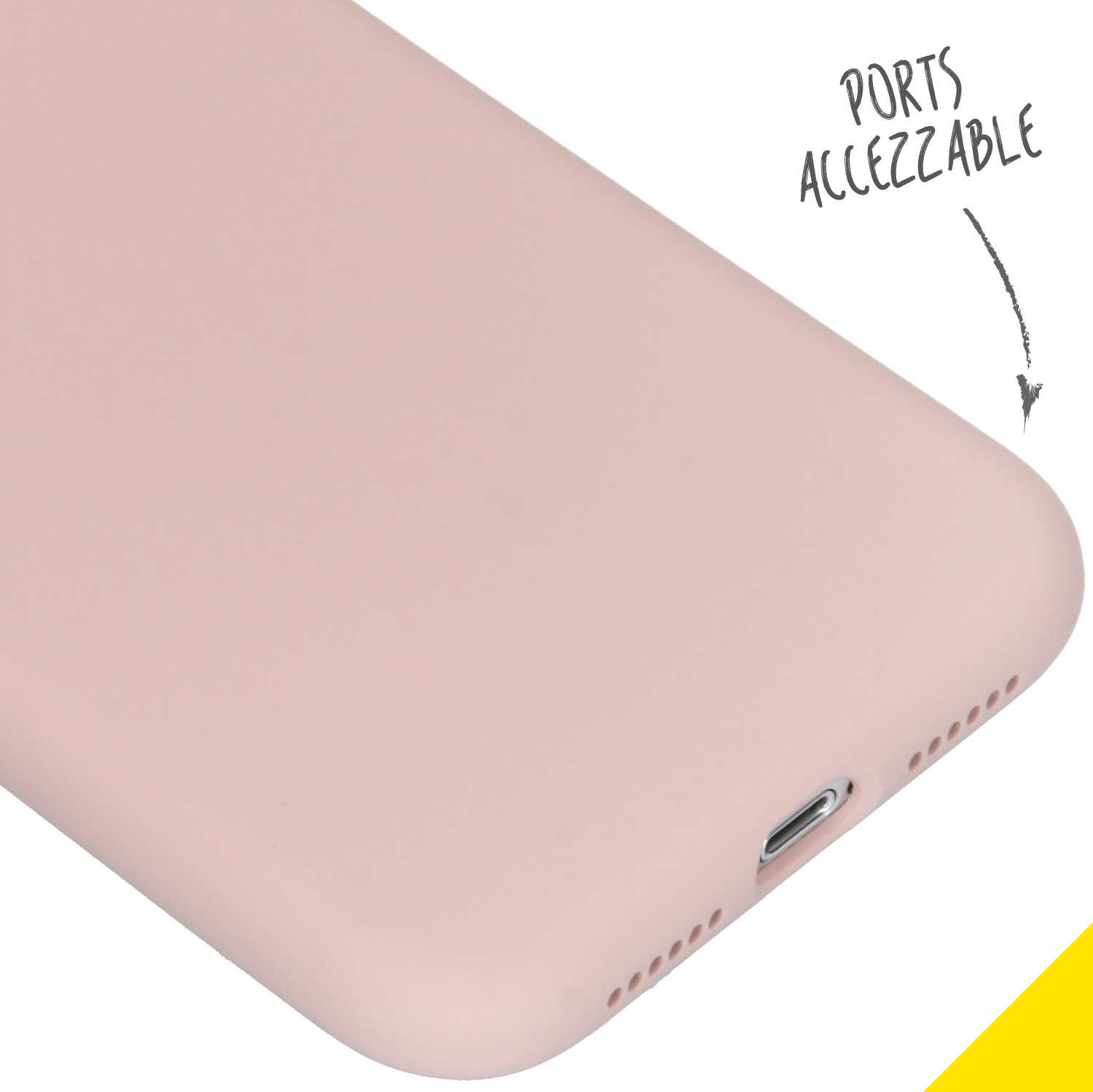 Gros plan sur une coque de téléphone rose montrant le port de charge et un texte indiquant ports accessibles.